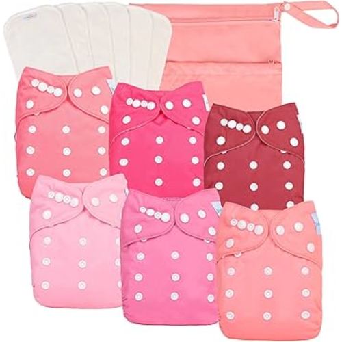 babygoal Baby Girl Cloth Diapers 6 Pack with 6pcs Inserts and Wet Bag, Reusable Waterproof Diaper Covers for Toddlers with Snap Closure