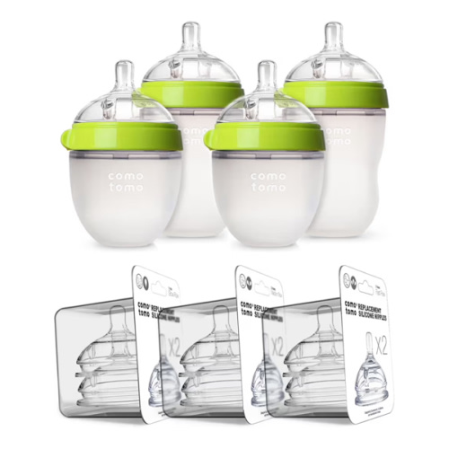 Comotomo Baby Bottle Bundle, Green, (7 Piece Set)