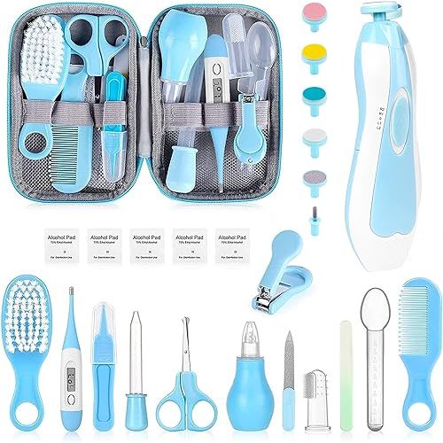 Baby Grooming Kit, Infant Safety Care Set with Hair Brush Comb Nail Clipper Nasal Aspirator,Baby Essentials Kit for Newborn Girls Boys (Blue-25 in 1)