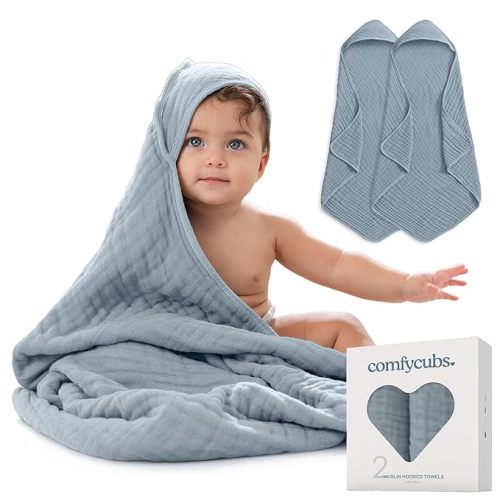 Comfy Cubs Hooded Baby Towel 2-Pack, Large 32 x 32 Inch - 6 Layer 100% Muslin Cotton for Babies, Toddlers and Kids - Soft & Absorbent Baby Bath Towels - Unisex Design for Bath Time - Pacific Blue