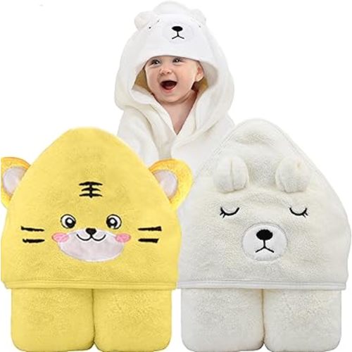 Hooded Baby Towel, Baby Towels Newborn, Baby Bath Towel with Hood, Baby Bath Towels Wrap, Blanket for Baby, Baby Beach Towel, Hooded Bath Towels for Boy and Girl, Newborn,31.5"×31.5"(White+Yellow)