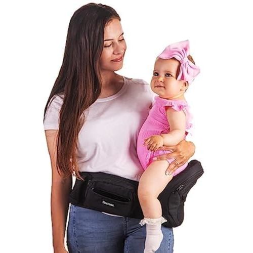 FLEEROSE - Baby Hip Carrier - New Ergonomic Bench Design, Multiple Pockets & Lumbar Support & Breathable Materials for Newborns & Toddlers, All Seasons & 4 Positions (Black)