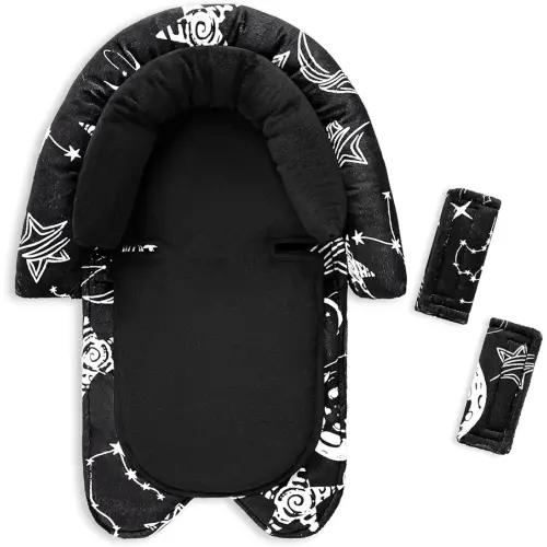 GFU Baby Car Seat Head Support for Newborn, 2 in 1 Infant Car Seat Head Body Support with Strap Pads, Soft Stroller Cushion Pillow Insert for Girls, Fits for Stroller, Swing, Black Star