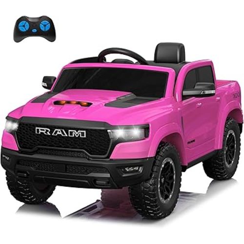 Licensed 2025 Dodge Ram 1500 RHO, 12V Ride-on Electric Truck for Kids with Remote Control, Battery Powered with Car Key/Gear Selector, LED Light/Music/MP3, Back Storage (Pink)