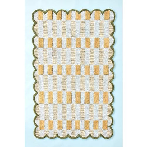 Hand-Tufted Wool Rug with Scalloped Edges, Light Blue Plaid Pattern, Cozy Soft Area Rug for Living Room, Bedroom, and Nursery, Handmade Modern Accent Rug, 5x8 Ft