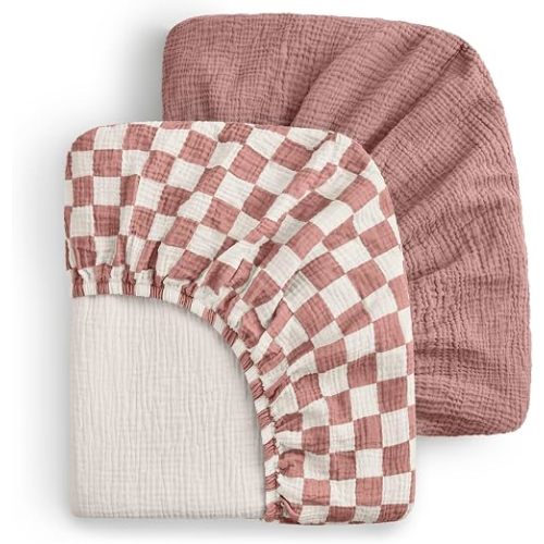 Blissful Diary Muslin Crib Sheets, 2 Pack, Dusty Pink Checkboard & Pink