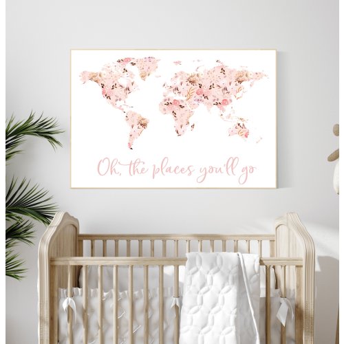 Floral World Map, Girl Nursery Decor, Travel Nursery Art, floral Nursery Print, blush nursery, Nursery baby girl room, Adventure Awaits