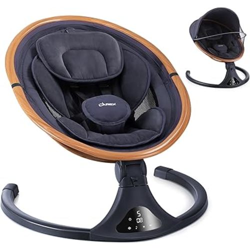 LAREX Baby Swings to Toddler-Electric Infant Swing Portable for Newborn Boy Girl, 5 Sway Speeds with Remote Control, 12 Preset Melodies and Bluetooth, 0-6 Months Max 20 Lbs(Dark Wood Grain)