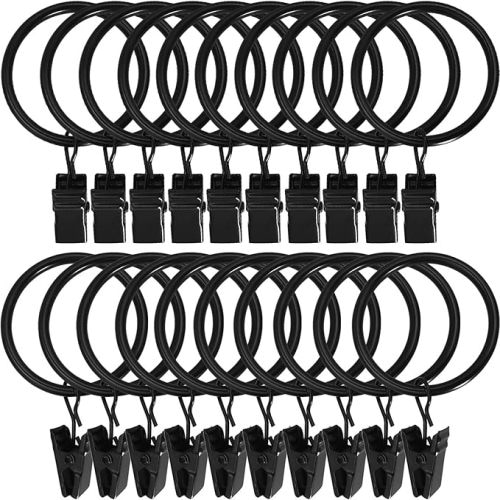 20 Pack Metal Curtain Rings with Clips, Curtain Clip Rings Hooks for Hanging Drapery Drapes Bows, Curtain Rod Rings 1.5 inch Interior Diameter, Black
