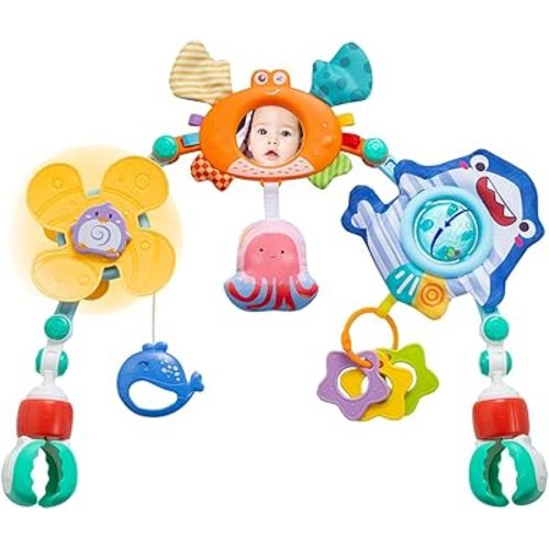 Adjustable Baby Stroller Arch Toy, Car Seat Toys for Infants 6-12 Months Hanging Toy Bar Attachment with Teether & Sound, Crib Comfort Gift for Birthday, Baby Shower