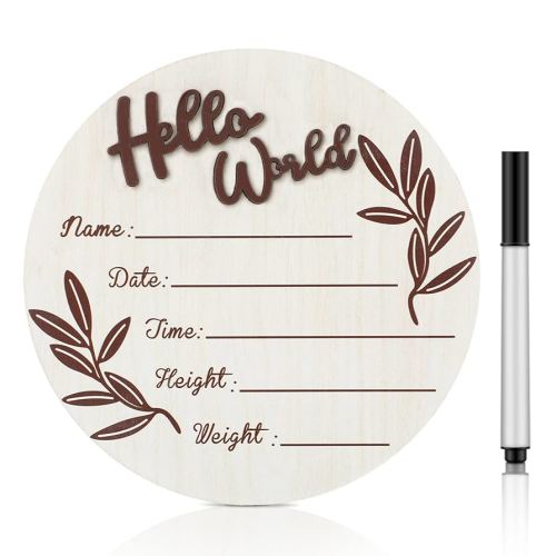 Queekay Baby Birth Announcement Sign Newborn Hello World Sign 5.9'' Kid Birth Name Plaque Wooden Hospital Nursery Milestone Decor for Baby Shower Newborn Gift Photo Prop Decor with Marker Pen(Round)