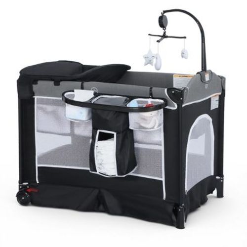 TODECARE 4 in 1 Pack and Play, Multifunction Baby Bassinet Bedside Crib, Portable Baby Nursery Playard w/Changing Table, Storage Basket, Dark Gray