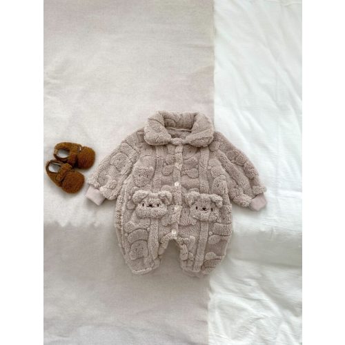 3-6MTH Baby Winter Pajamas Romper Teddy Bear Cartoon Pattern Turndown Collar Thermal Pajamas