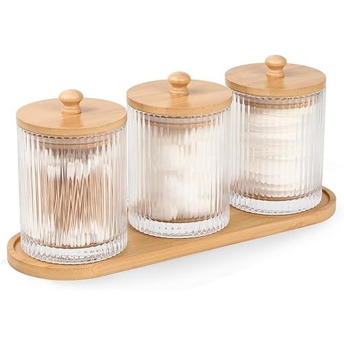 3 Pack Qtip Holder - Bathroom Organizers and Storage, Cotton Round Holder Floss Pick Holder Cotton Ball Holder with Tray, Glass Apothecary Jars with Lids, Cotton Swab Dispenser Set -sw clear y