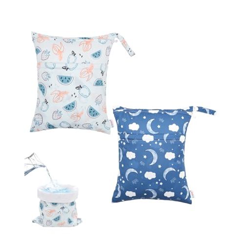 ALVABABY 2pcs Waterproof Wet Dry Bags,Reusable with Two Zippered Pockets,Baby Cloth Diaper,Travel,Beach,Pool,Daycare,Soiled Baby Items,Yoga Gym Bag,Swimsuits or Wet Clothes 2LW04