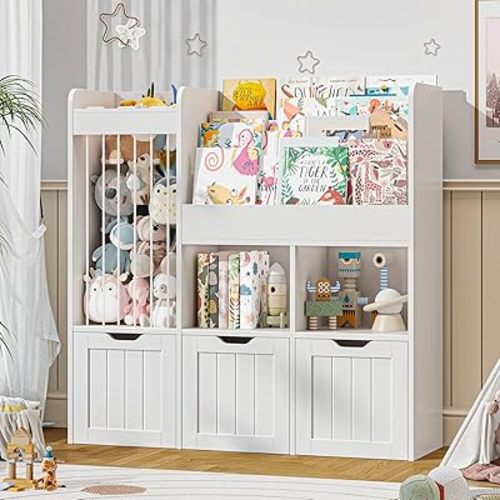 Vabches Kids Bookshelf with 3-Tier Book Rack, Multi-Functional Storage Cabinet Bookcase with 3 Movable Drawers, Wooden Toy Organizer with Stuffed Animal Storage for Kids Room, Nursery, White