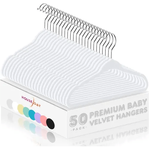 HOUSE DAY Velvet Baby Hangers 50 Pack, Premium Children's Hangers for Baby, Infant & Toddler Clothes, Durable Non Slip Baby Felt Hangers White, 11 Inch Baby Hangers for Closet, Ideal for Everyday Use