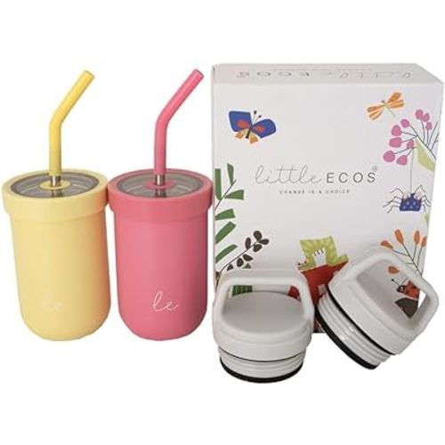 LITTLE ECOS Toddler straw cups spill proof | Set of 2 Stainless steel Baby straw sippy cups for toddlers 3+ year old | Insulated Kids cup tumblers | Best training cups for toddlers 1-3