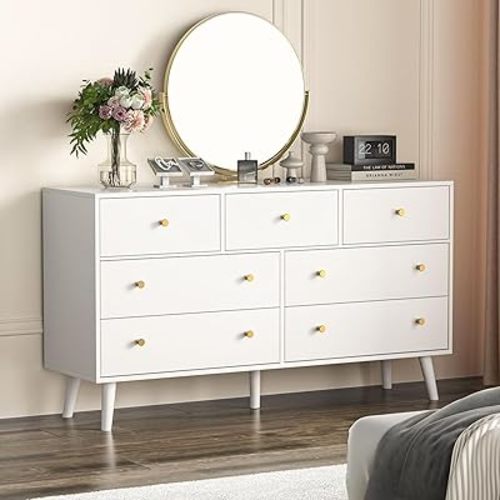 SINROM® 55" White Dresser for Bedroom, 7 Drawer Dressers with Drawers and Gold Knobs, Dresser White and Gold Chests of Drawers
