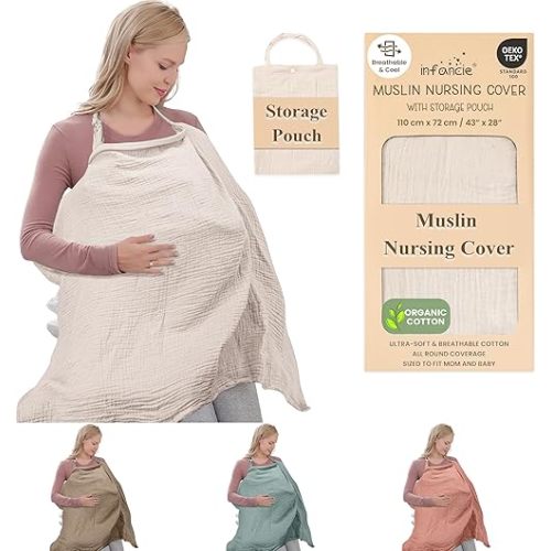 Infancie 100% Organic Cotton Nursing Cover & Shawl - 43 x 28 Inch Breathable Muslin Breastfeeding Nursing Apron Cover with Arch Neckline for Mothers, Multi-use Carseat Canopy (Ivory)