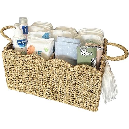 Vivika Wicker Diaper Caddy Organizer - Handmade Diaper Basket for Changing Table Organizer, Cute Woven Scalloped Basket in Premium Seagrass with Dividers and Handles, Baby Dresser Storage for Nursery