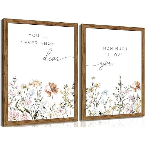 Wood Framed Wildflower Nursery Wall Art Set of 2, Boho Flower Botanical Wall Decor Paintings, Baby Girl Nurseries Pictures Posters Prints for Nursery Baby Room Bedroom Home Decoration 12x16 Inch