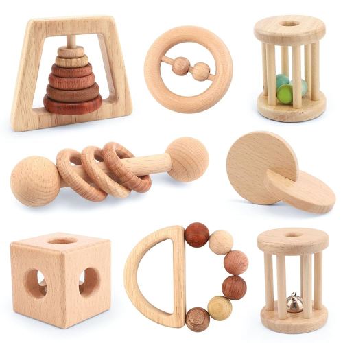 Wooden Baby Toys, 8PCS Wood Montessori Toys for Babies 18-36 Months, Wooden Baby Rattles Set for Grasping, Sensory Development and Cognitive Growth, Gift for Infant Girls Boys