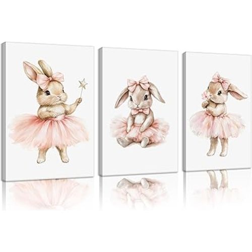 3Pcs Pink Dancing Bunny Wall Art Cute Ballet Bunny Wall Decor Nursery Posters Pink Little Baby Girls Nursery Canvas Painting Preppy Dress Rabbit Picture Prints For Girls Room Bedroom Framed