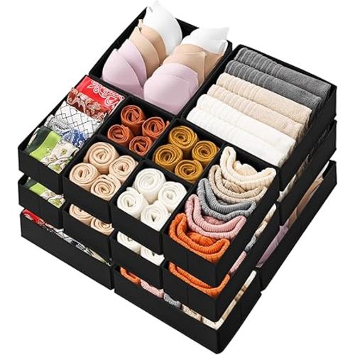 Stero 18 Pack Drawer Organizers for Clothing, Dresser Drawer Organizer Clothes, Fabric Foldable Closet Organizers and Storage Basket Bins for Clothes, Underwear, Bras, Socks (Black)