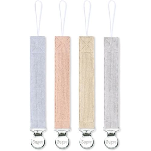 Pacifier Clip for Baby Boy and Girl - Linen Soft Fabric Pacifier Hold with Clip for Binky, Leash Soothie Holder Unisex 4 Pack (Blue）