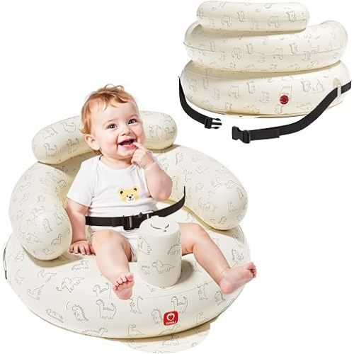 QPAU Inflatable Baby Seat with Safety Harness, Baby Chair for Sitting Up (3-9 Months), Portable Blow Up Baby Chair with Built-in Pump (Dinosaur)