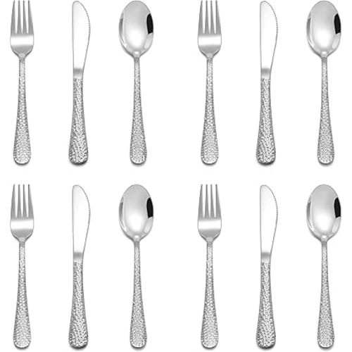 E-far 12-Piece Kids Silverware, Stainless Steel Toddler Preschooler Utensils with Adult Look, Hammered Flatware Includes 4 Forks 4 Spoons 4 Knives, Safe for Self Feeding, Non-Toxic & Dishwasher Safe