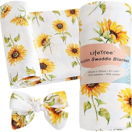 LifeTree Baby Muslin Swaddle Blankets for Boys & Girls, Newborn Swaddle Set with Matching Headband Bow, Neutral Infant Blanket Wrap, 47 x 47 inches, Sunflowers, 70% Viscose from Bamboo and 30% Cotton