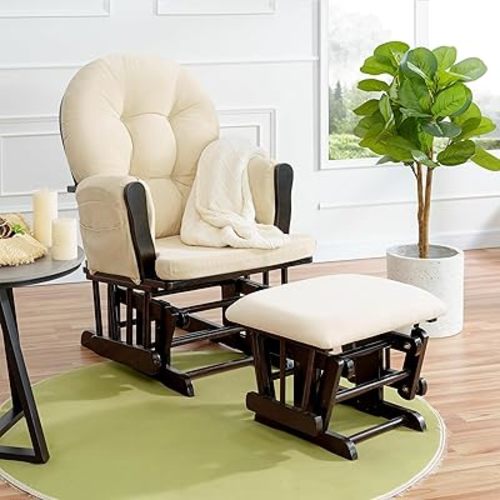 Naomi Home Nursery Glider & Ottoman Sets, Reclining Glider Rocker with Ottoman, Nursery Rocking Breastfeeding Maternity Chair for Baby Room, Padded Arms - Espresso, Cream