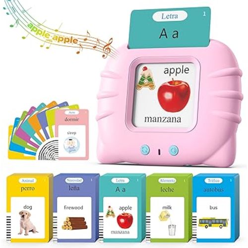 Bilingual Pink Spanish and English Talking Flash Cards, Pocket Speech Therapy Toys with 512 Words, Montessori Language Learning Toys, Autism Toys, Children's Sensory Learning, Birthday Toys