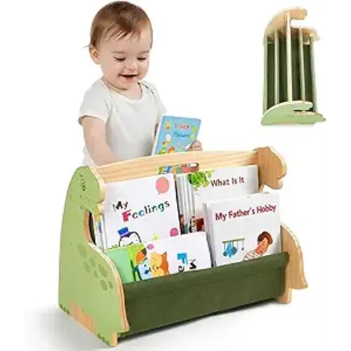 Toddler Bookshelf Double-Sided with 4 Tier Deep Sleeves Kids Wooden Montessori Book Rack for Baby Nursery Room, Playroom, Classroom or Bedroom Bookcase Storage Organizer, Green Dinosaur