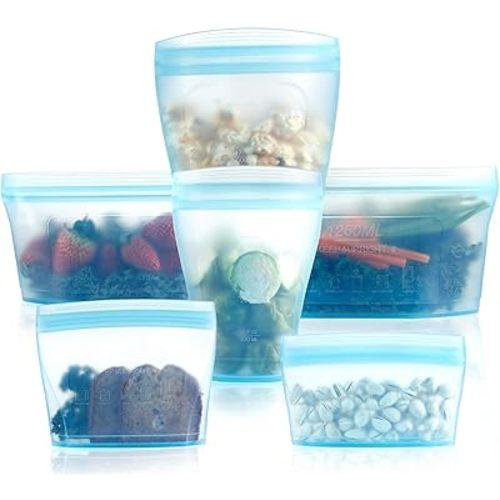 Reusable food container silicone bag, Upgrade second generation 6 Pcs Zip Containers Storage, 100% Silicone Reusable Food Bag, Stand Up Preservation Bag, Rounded interior for easy cleaning.