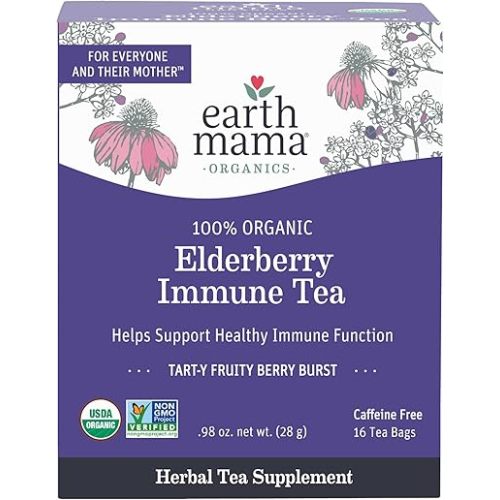 Earth Mama Organic Elderberry Immune Support Tea with Echinacea | Safe For Pregnancy, Breastfeeding, Postpartum, Kids and Family Essentials, Decaf Tea with Ginger & Rooibos, 16-Count
