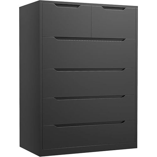 Dresser for Bedrom with 6 Large Drawers, Tall Chest of Drawers Modern Wooden Dresser for Living Room, Entryway, Hallway, Black, 43.2" H X 27.6" W X15.6 D