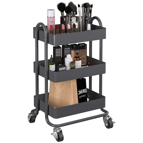 3-Tier Rolling Metal Storage Organizer,Mobile Utility Cart,Kitchen Storage Carts with Caster Wheels,Rolling Utility Cart Suitable for Office,Home,Kitchen,Garden(13.4"x18.1"x31") Dark Grey
