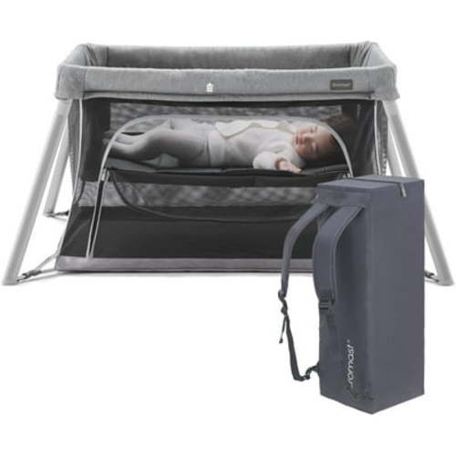 Gromast Travel Crib for Toddler, 2 in 1 Portable Crib for Baby Travel, Lightweight Playpen Foldable Playard with Soft Mattress, Easy to Carry Baby Travel Bed for Outdoor,Indoor (Grey)