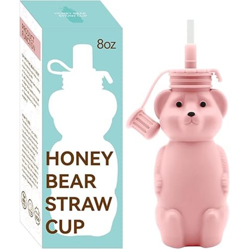 Honey Bear Straw Cup, Food Grade Silicone, Babies Water Drinking Cup, 8-Ounce Therapy Sippy Bottles for Speech and Feeding Training, BPA Free & Dishwasher Safe (PINK)