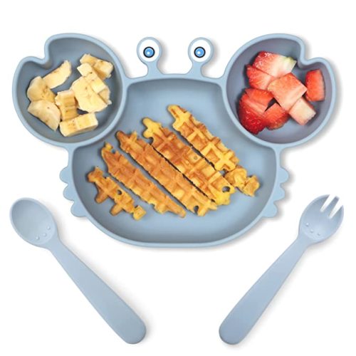 ROCCED Suction Plates for Baby, Silicone Plates with Suction Divided, Baby Spoon Fork Set for Toddler Baby Dishes Kids Plates and Utensils-Crab Dusty Blue