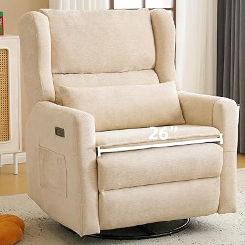 Oversized Swivel Rocker Recliner Chair, 26" Extra Wide Glider Nursery Chair with Adjustable Headrest, Chenille Power Recliner Rocking with Double Cushion, Cup Holder, Beige