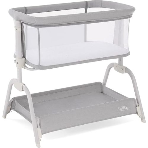 HARPPA Cuddly Bassinet, 2 in 1 Baby Bassinet with Breathable Mesh and Mattress, 6 Height Adjustable, Bedside Sleeper with Anchor Strap, Storage Basket and Wheels