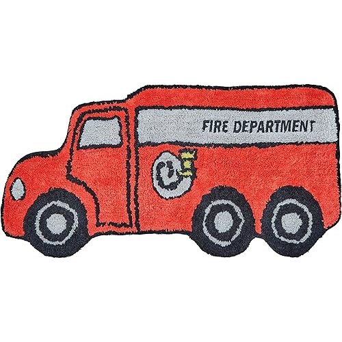 Hand Tufted Firetruck Bedroom or Bathroom Rug - 15x30 in; 100% Cotton Kids Bathroom Mat; Decorative Kids Area Rug