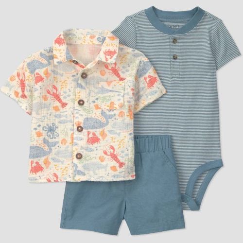 Carter's Just One You® Baby Boys' 3pc Sea Animals T-Shirt with Bodysuit and Shorts Set - Blue/Ivory 9M