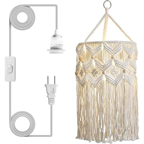 Bioaqua Boho Lamp Shade,Macrame Pendant Light Shade, Handmade Boho Light fixtures Hanging Lights with Plug in Cord,Boho Hanging Lamp for Living Room Bedroom(Type 2)