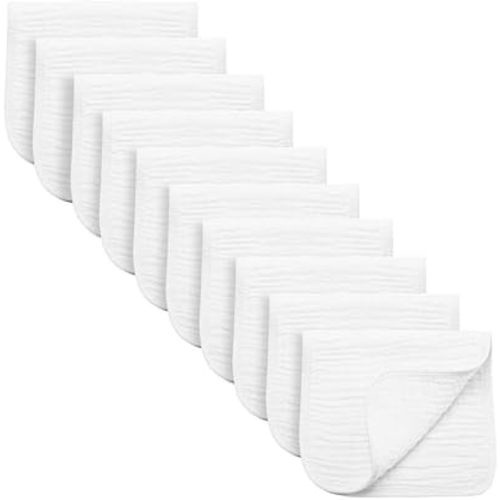 Synrroe Burp Cloths Large, Muslin Burp Cloths for Baby Girls and Boys, Pack of 10 Extra Absorbent and Soft Muslin Bibs, 6 Layers 20 by 10 Inches 100% Cotton (White 10 Pack)