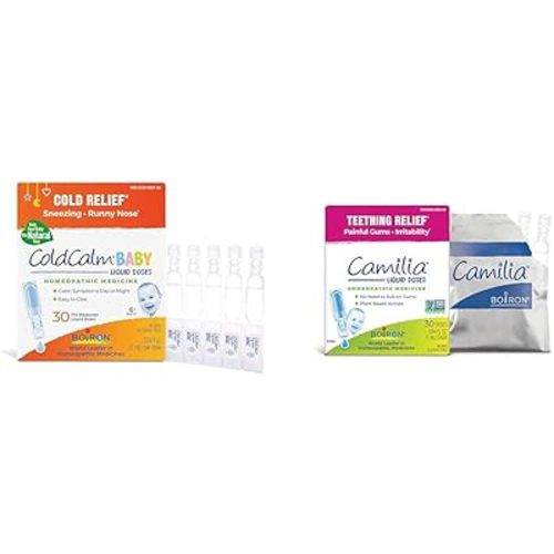 Boiron ColdCalm Baby Single-Use Drops for Relief from Cold Symptoms of Sneezing & Camilia Teething Drops for Daytime and Nighttime Relief of Painful
